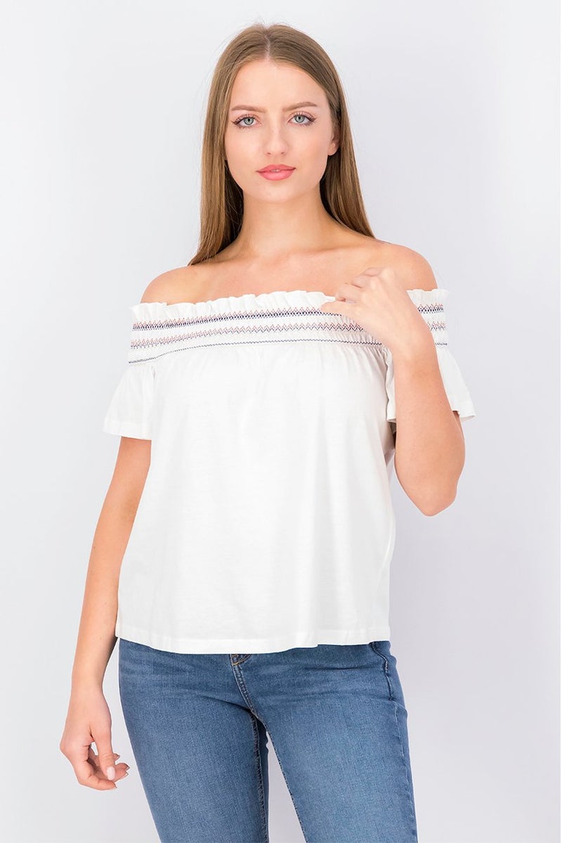 Women Off Shoulder Neck Short Sleeves Textured Top, White Combo