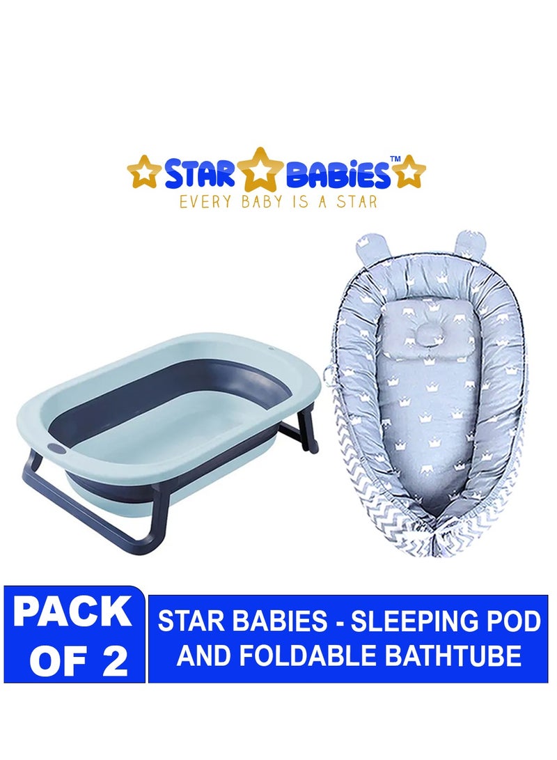 Star Babies Pack of 2 (Baby Sleeping Pod with Foldable bathtub) - Grey/Blue