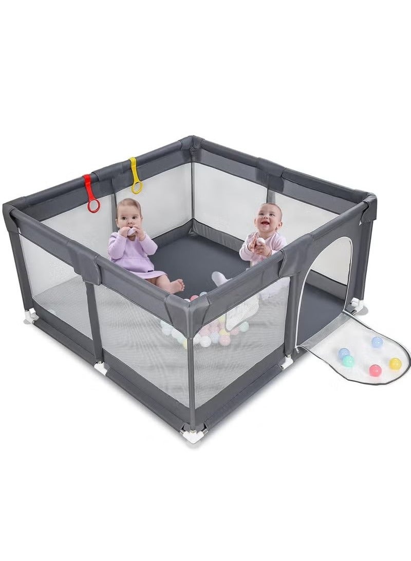 Baby Playpen, Extra Large Playard for Babies, Portable Indoor Outdoor Toddlers Safety Play Yard Activities with Breathable Mesh&Zipper Door,Grey-120×120cm