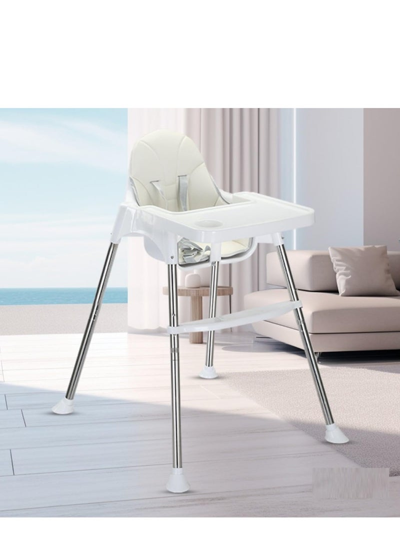 High Chair with Seat Cushion for Baby Feeding, Lightweight only 2 kg, Adjustable Seat Height, Footrest and Tray with Cup Holder, Safety Belts (White)