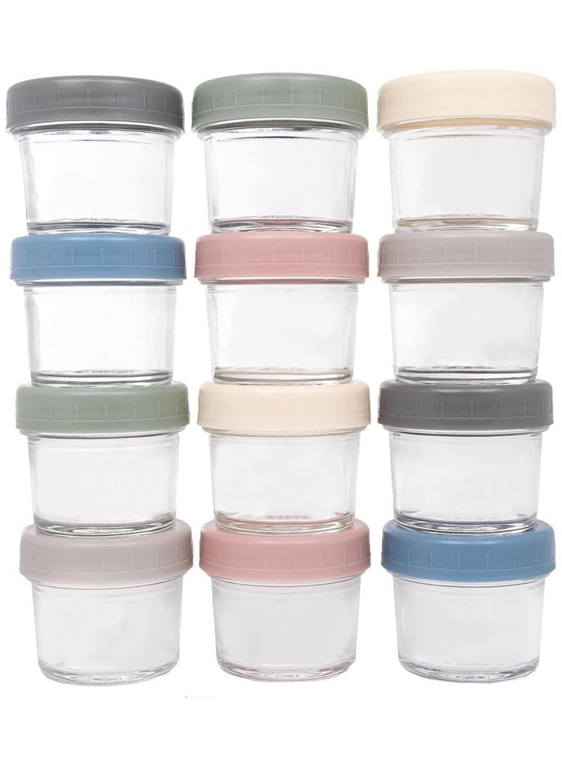 Glass Baby Food Storage Jars w/Lids (4 oz, 12 Pack) Snack, Puree, Reusable Containers, Fridge or Freezer, Microwave & Dishwasher Safe, Essential Must Have for Infants, Random color