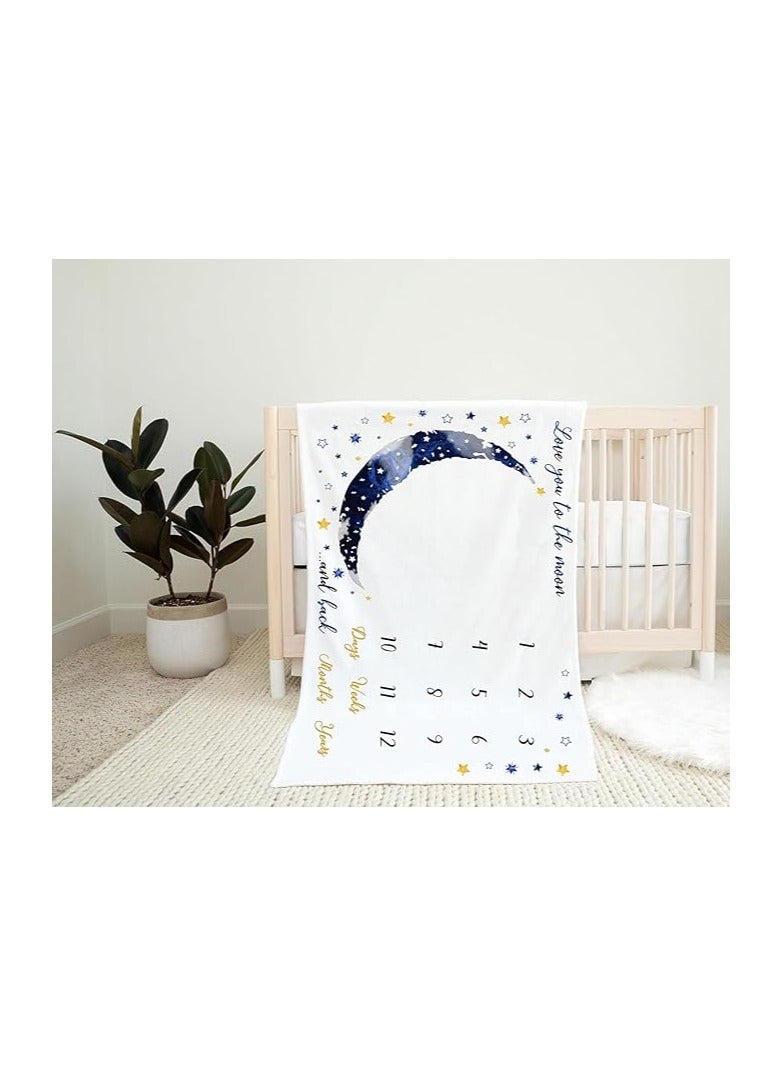 Baby Milestone Blanket For Newborn Photoshoot–Large 150 x 100 Cm Moon And Stars Design Blanket–Perfect For Baby Birthday–Monthly Age Milestone Photography Prop For Boys