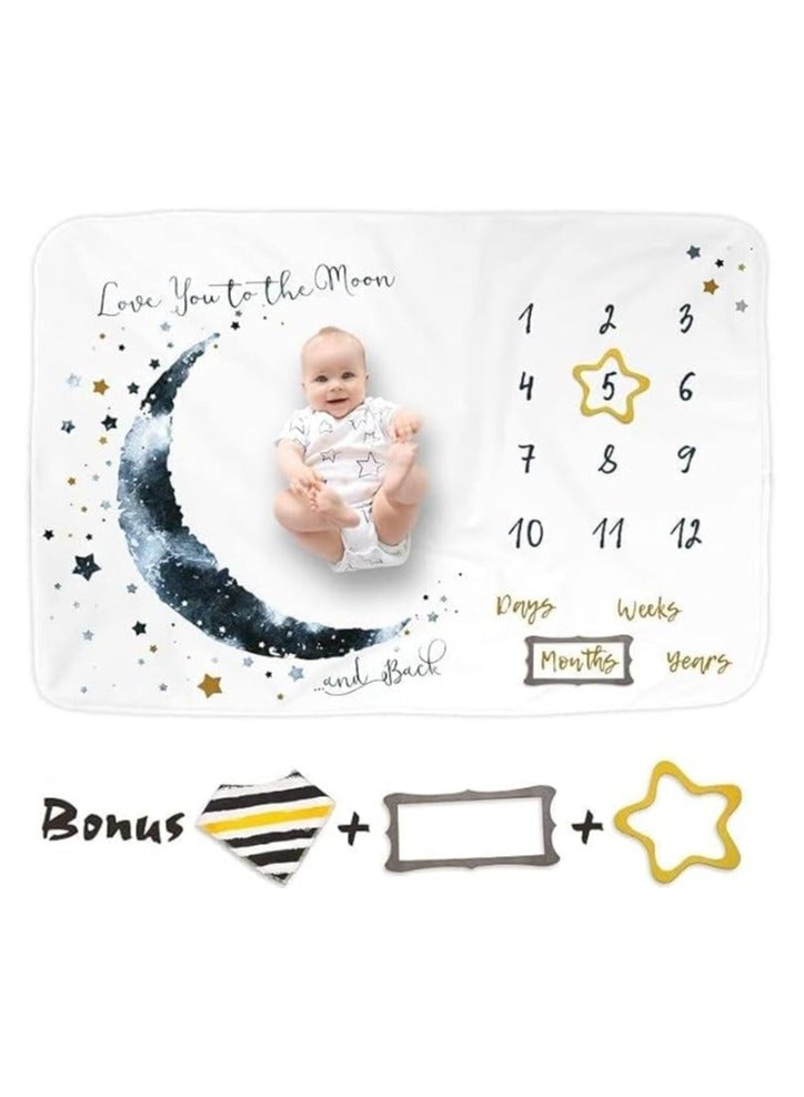 Baby Milestone Blanket For Newborn Photoshoot–Large 150 x 100 Cm Moon And Stars Design Blanket–Perfect For Baby Birthday–Monthly Age Milestone Photography Prop For Boys