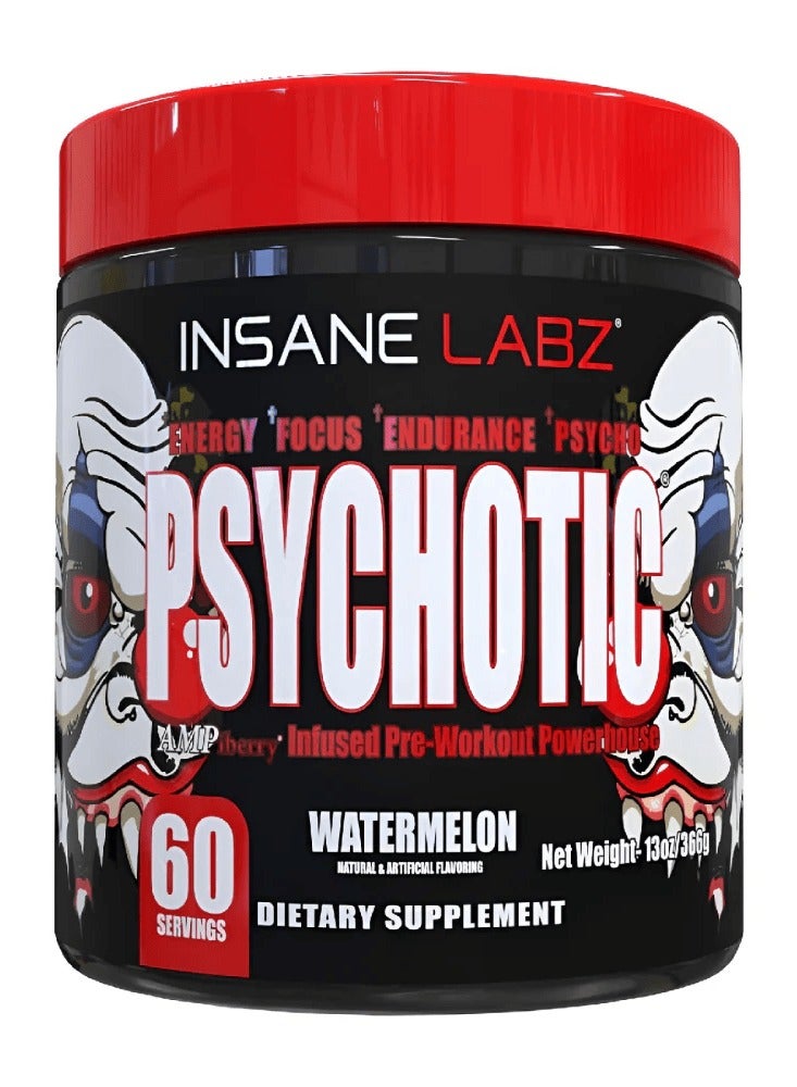 Insane Labz Psychotic, High Stimulant Pre Workout Powder, Extreme Lasting Energy, Focus and Endurance with Beta Alanine, Creatine Monohydrate DMAE, 60 Servings Watermelon