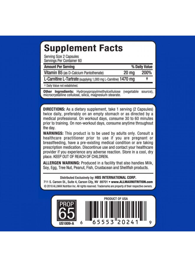 ALLMAX Essentials L-CARNITINE TARTRATE - 120 Capsules - Stimulant-Free Metabolizer - Boosts Energy, Performance & Recovery - Gluten Free & Vegetarian - 60 Servings