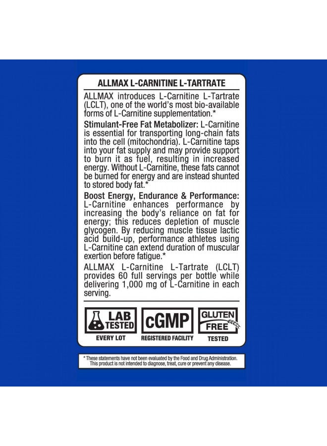 ALLMAX Essentials L-CARNITINE TARTRATE - 120 Capsules - Stimulant-Free Metabolizer - Boosts Energy, Performance & Recovery - Gluten Free & Vegetarian - 60 Servings