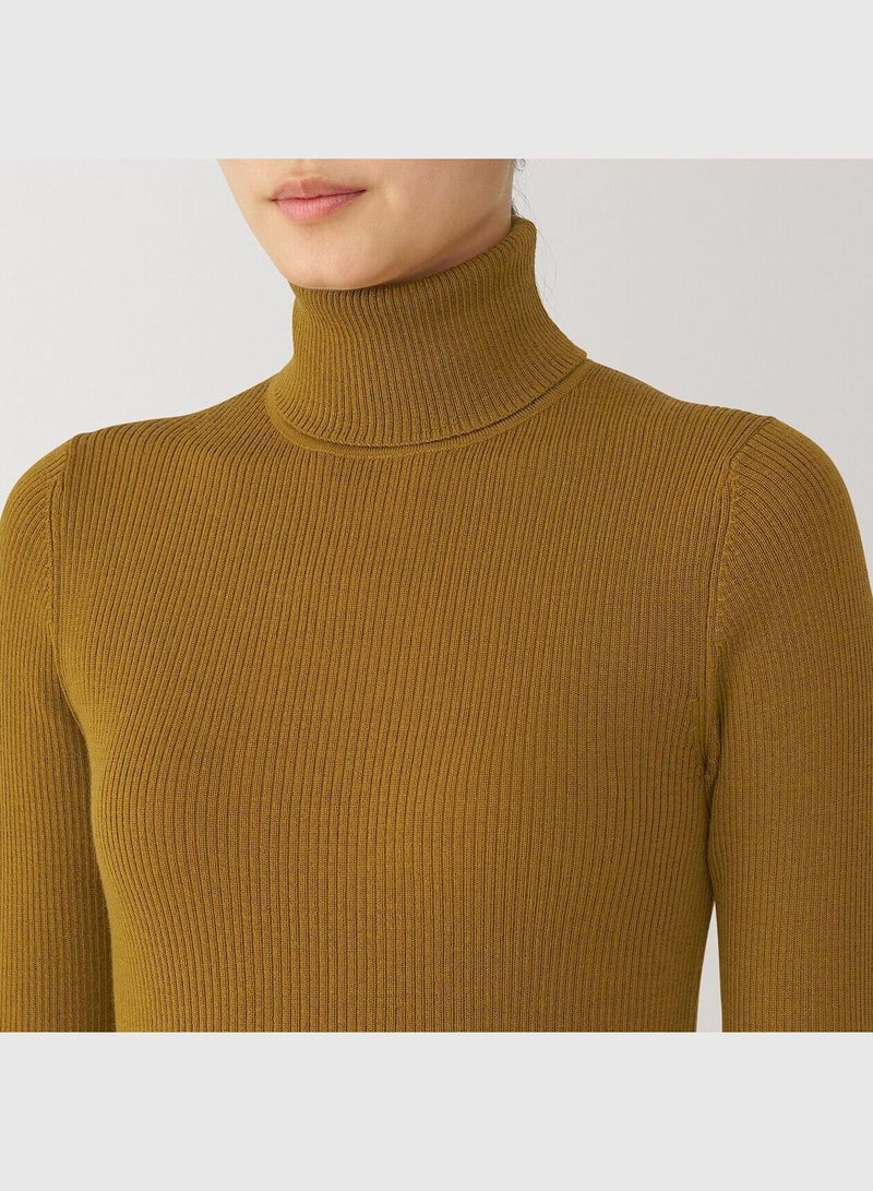 Washable High-Gauge Ribbed Turtle Neck  Sweater