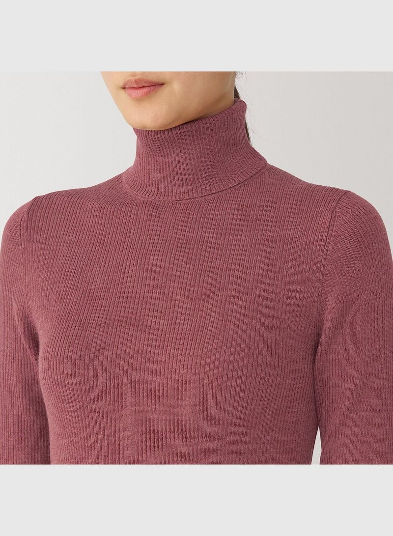 Washable High-Gauge Ribbed Turtle Neck  Sweater