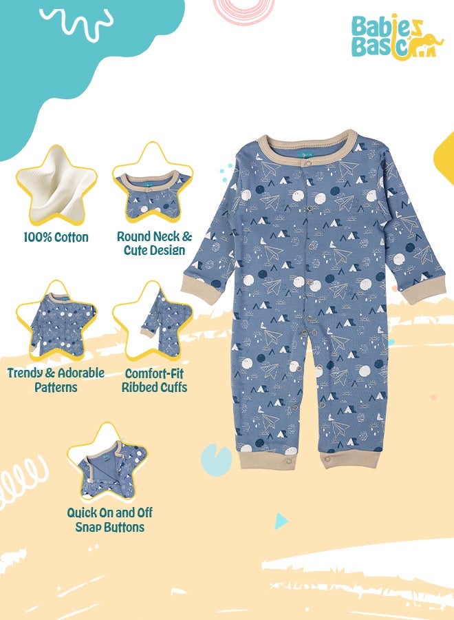 100% Cotton Printed Long Sleeves Jumpsuit/Romper/Sleepsuit For Babies