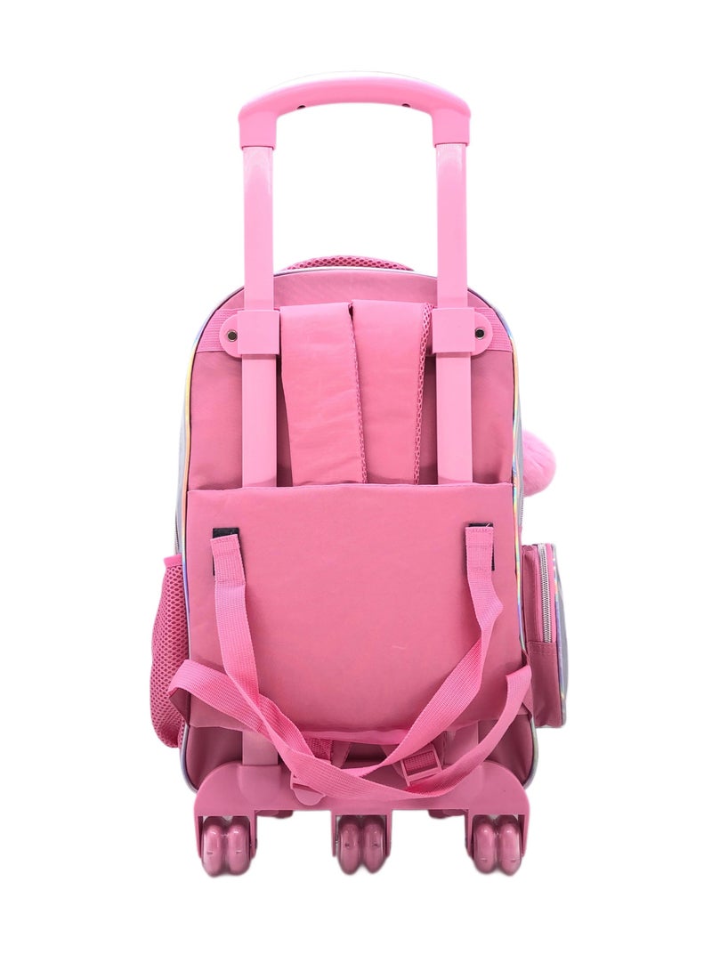 Pink Silver Butterfly Design Rolling Backpack 15 inch Wheeled Kids Backpack with Lunch Bag and Pencil Case for Girls Pink and Silver