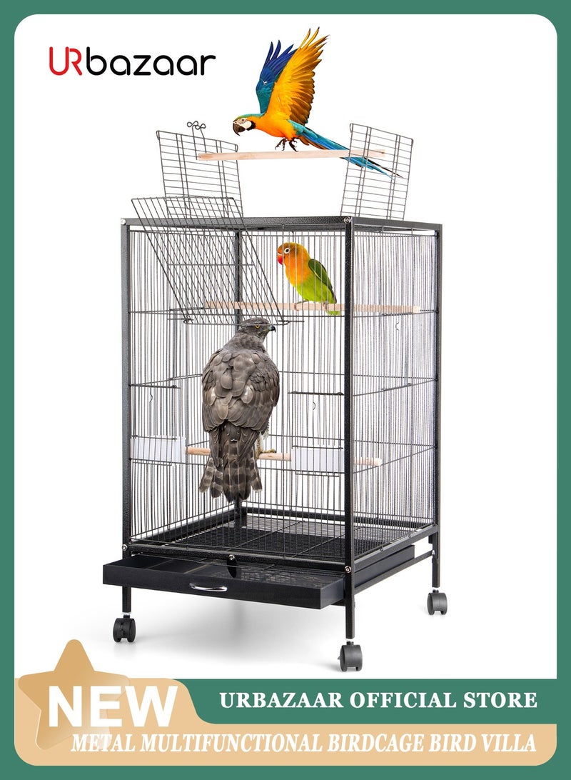 Large Metal Bird Flight Cage, Spacious Parrot Cage with Removable Tray - Multifunctional Aviary with wheels for Convenient Bird Care & Breeding