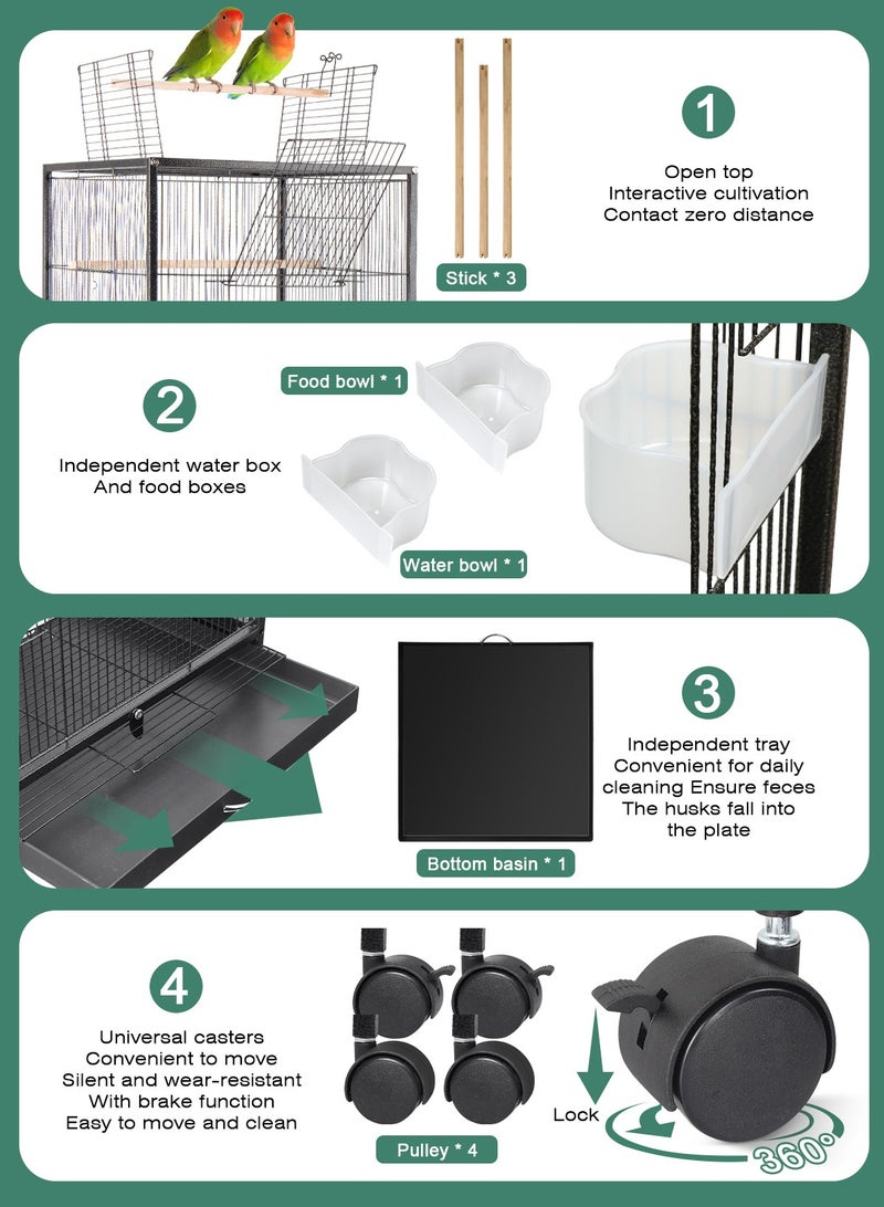 Large Metal Bird Flight Cage, Spacious Parrot Cage with Removable Tray - Multifunctional Aviary with wheels for Convenient Bird Care & Breeding