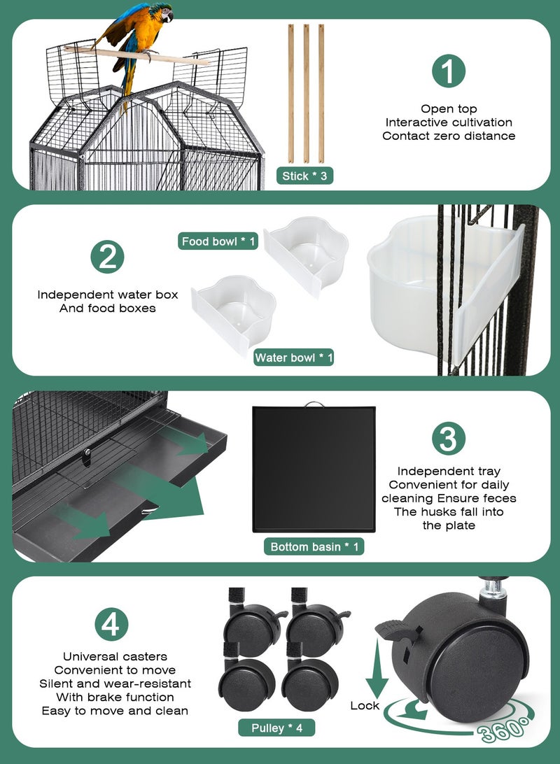 Large Metal Bird Flight Cage, Spacious Parrot Cage with Removable Tray - Multifunctional Aviary with wheels for Convenient Bird Care & Breeding