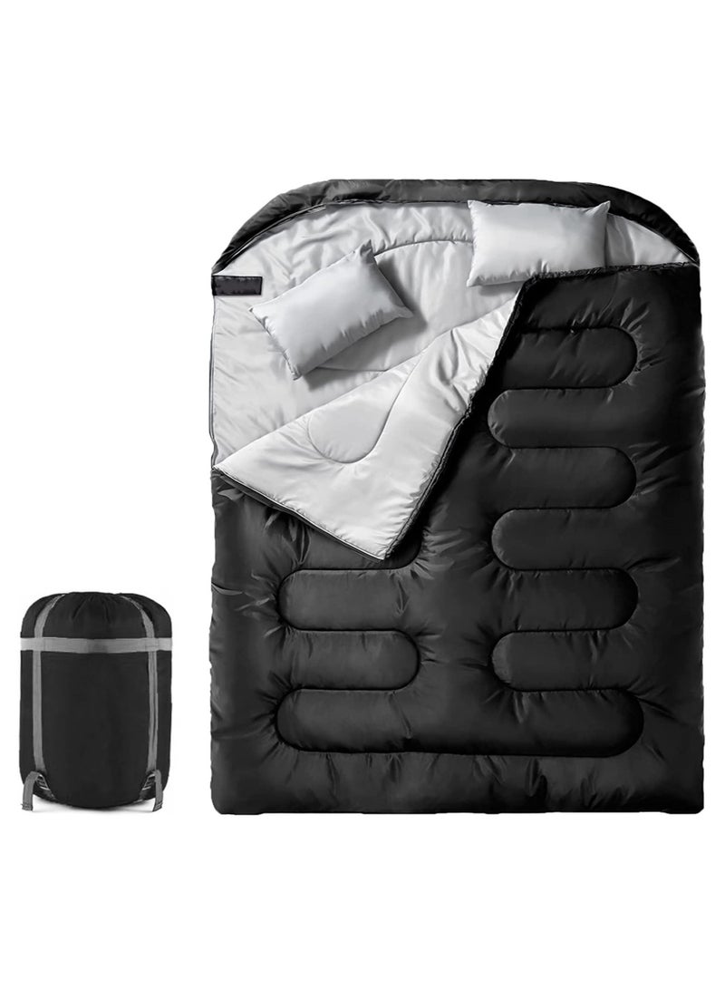 Outdoor Double Camping Sleeping Bag 230cm with Pillow Detachable and Spliced Waterproof Nap Bag Black