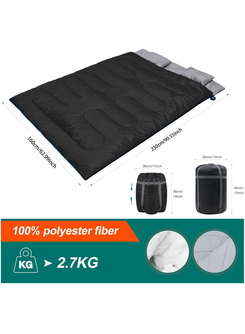 Outdoor Double Camping Sleeping Bag 230cm with Pillow Detachable and Spliced Waterproof Nap Bag Black