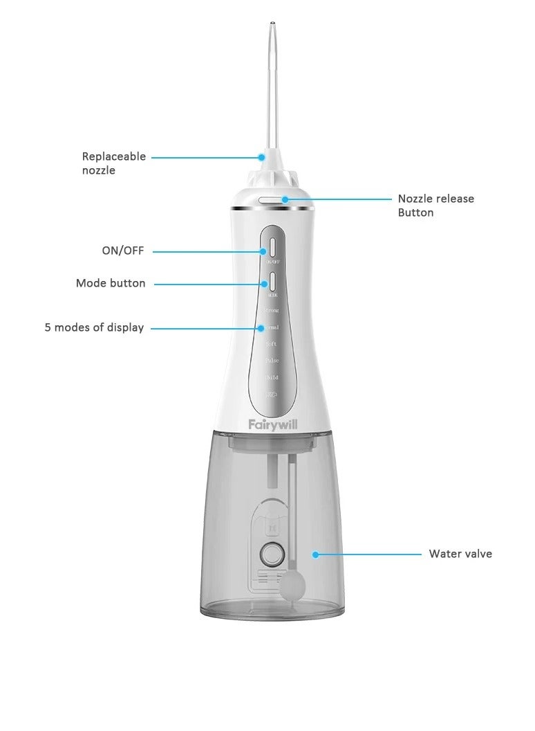 Irrigador Dental Portatil Profesional, 350ML Water Flosser, Irrigador Bucal Inalámbrico Profesional 6 Boquillas 5 Modos, IPX7 Impermeable USB-C Recargable para Limpieza Dientes