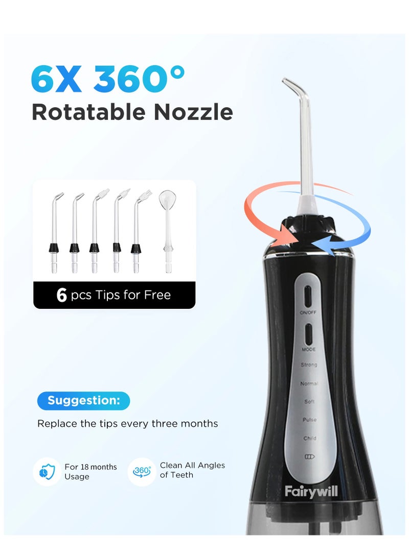 Irrigador Dental Portatil Profesional, 350ML Water Flosser, Irrigador Bucal Inalámbrico Profesional 6 Boquillas 5 Modos, IPX7 Impermeable USB-C Recargable para Limpieza Dientes