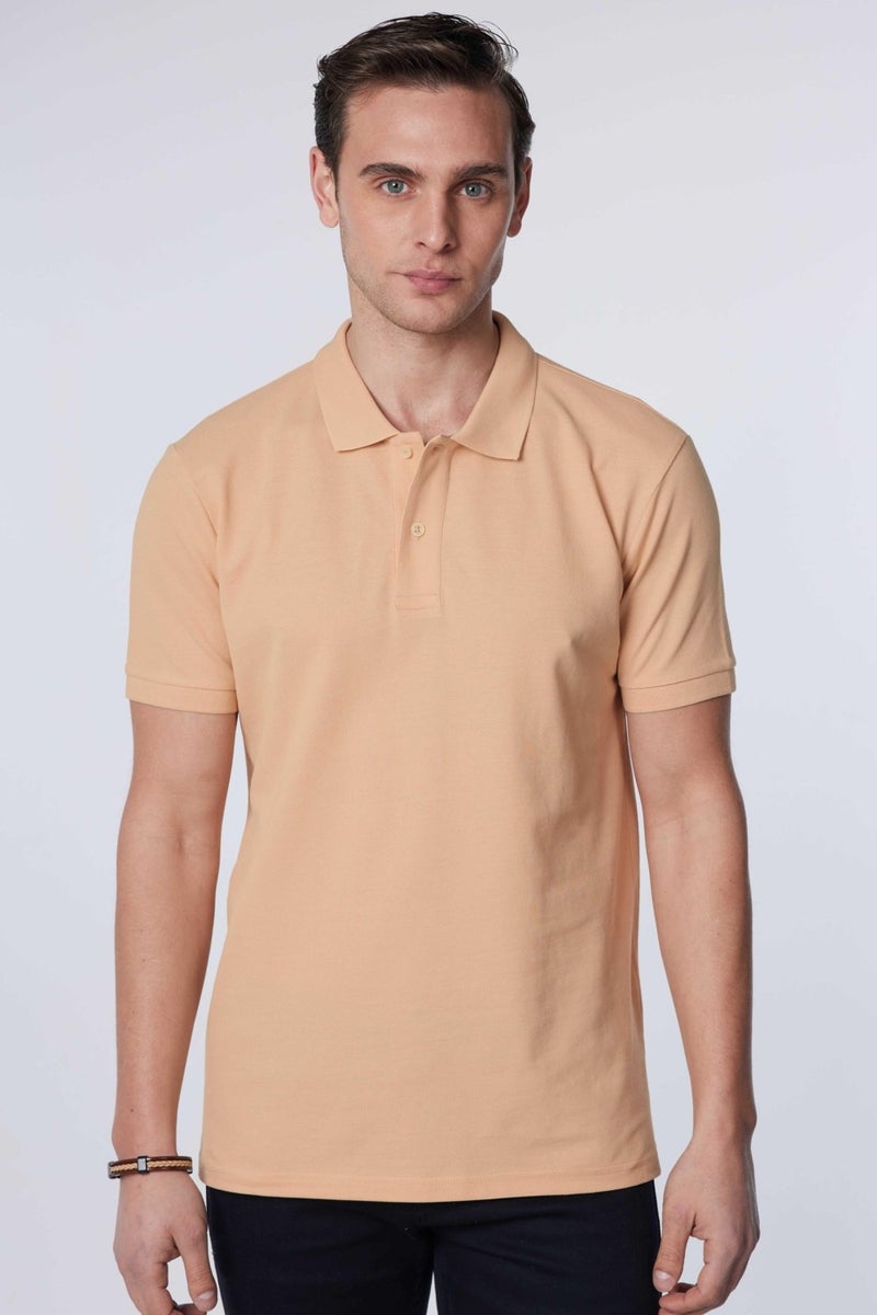 Men's Slim Fit Narrow Cut Cotton Plain Pique Cream Polo Collar T-Shirt