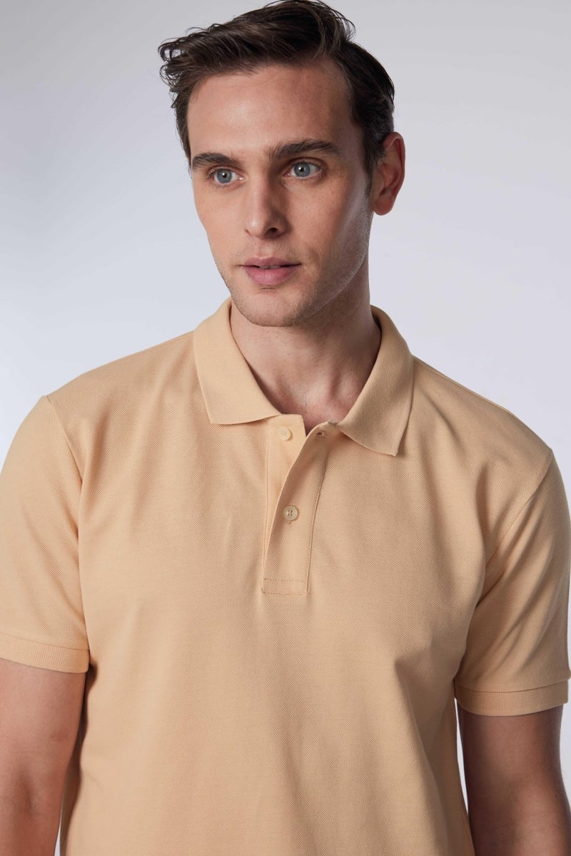 Men's Slim Fit Narrow Cut Cotton Plain Pique Cream Polo Collar T-Shirt