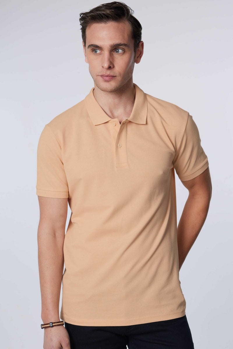 Men's Slim Fit Narrow Cut Cotton Plain Pique Cream Polo Collar T-Shirt