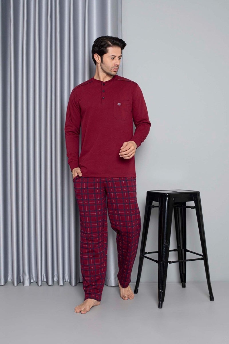 Men's 3 Button Chest Pocket Cotton 2 Yarn Winter Pocket Long Sleeve Pajama Set