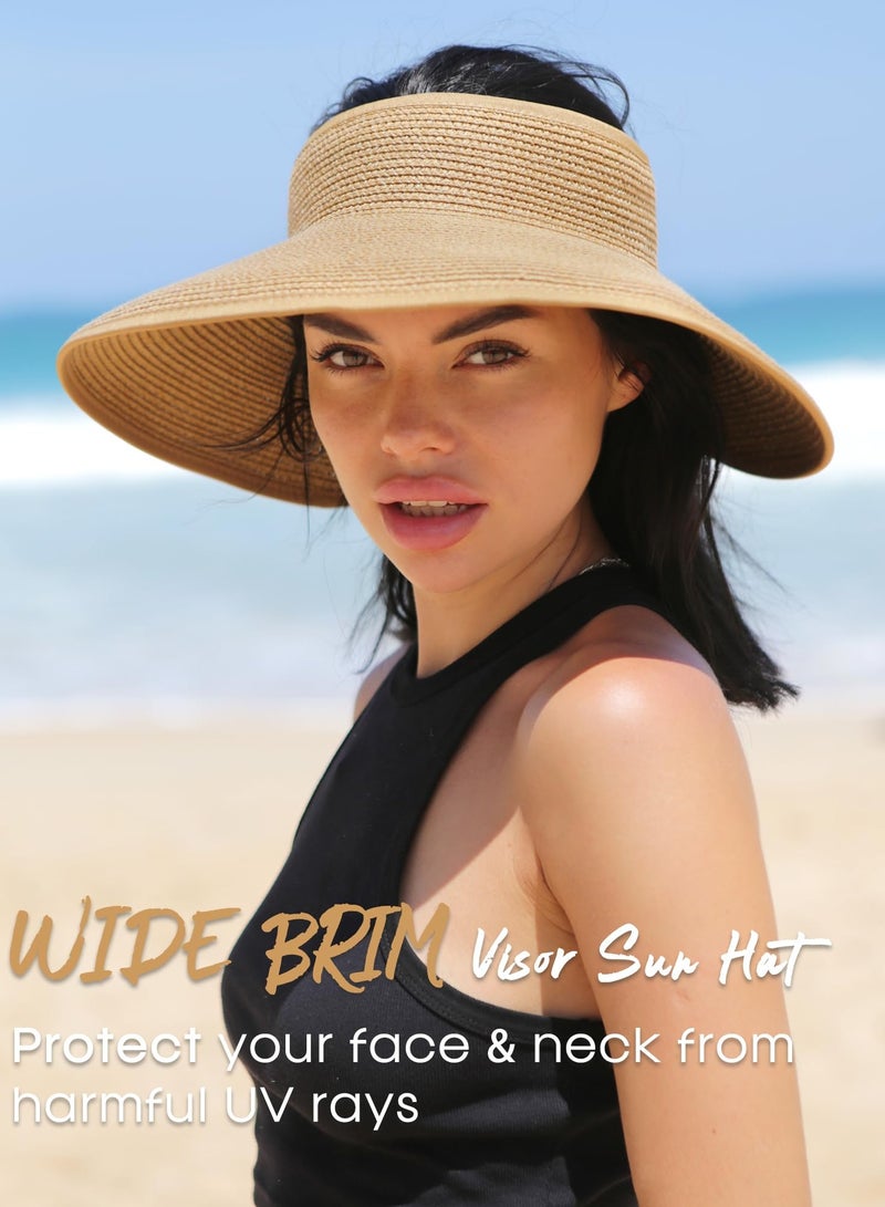 Sun Visor Hats for Women Wide Brim Straw Roll-Up Ponytail Summer Beach Hat UV UPF Packable Foldable Travel