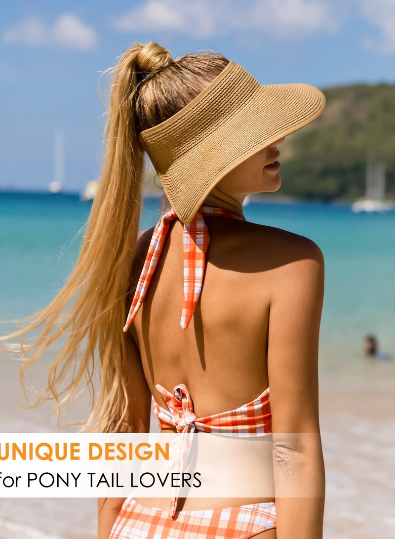 Sun Visor Hats for Women Wide Brim Straw Roll-Up Ponytail Summer Beach Hat UV UPF Packable Foldable Travel