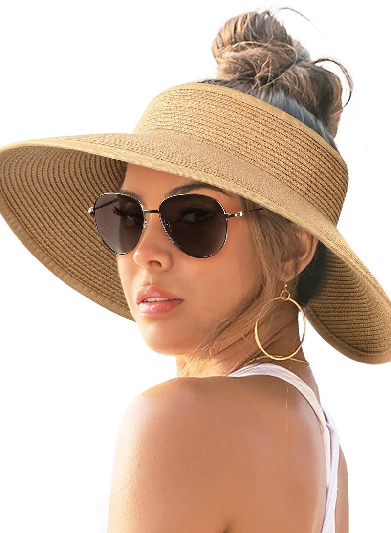 Sun Visor Hats for Women Wide Brim Straw Roll-Up Ponytail Summer Beach Hat UV UPF Packable Foldable Travel