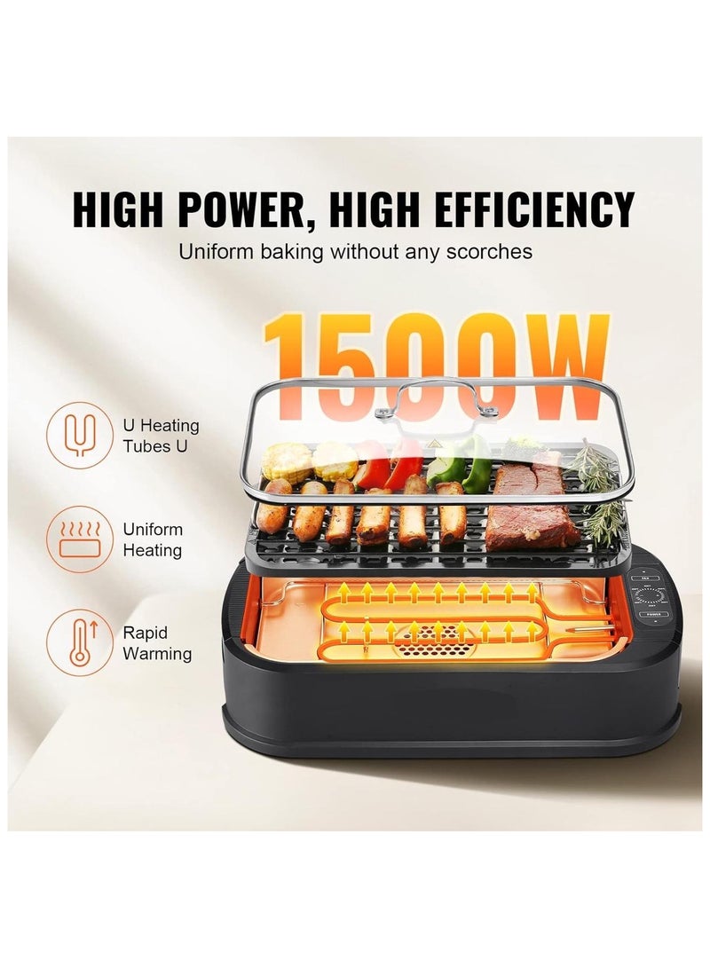 Smokeless Indoor Grill, 110 sq.in 1500W Electric BBQ Grill with Non-Stick Surface, Adjustable Temperature, Turbo Smoke Extractor, Detachable Dishwasher-safe Smokeless Grill for Party Camping