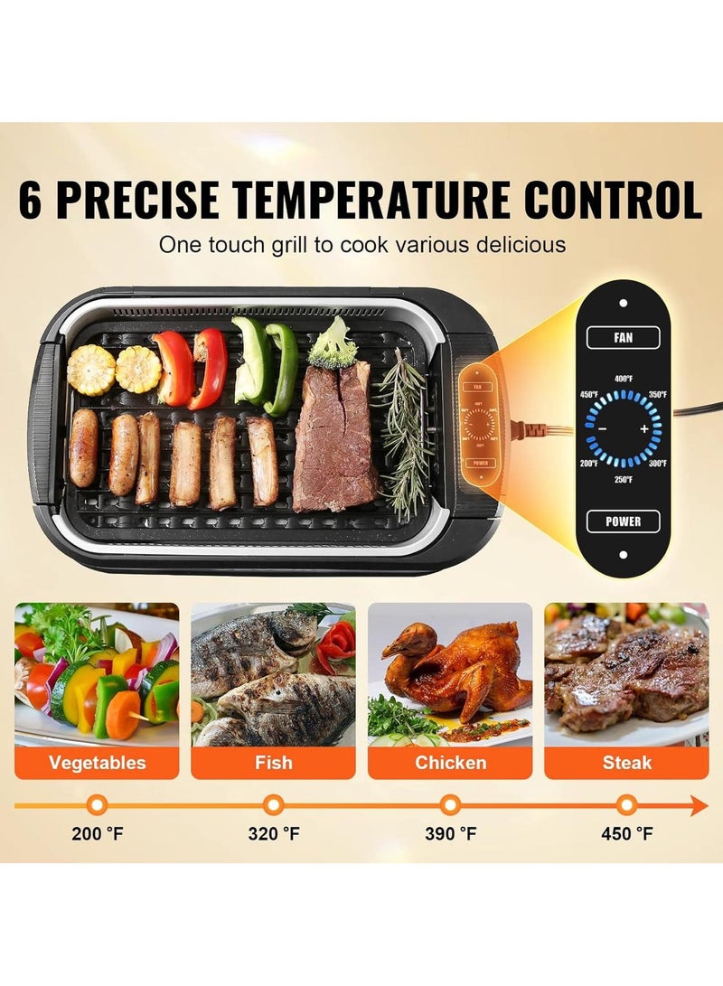 Smokeless Indoor Grill, 110 sq.in 1500W Electric BBQ Grill with Non-Stick Surface, Adjustable Temperature, Turbo Smoke Extractor, Detachable Dishwasher-safe Smokeless Grill for Party Camping