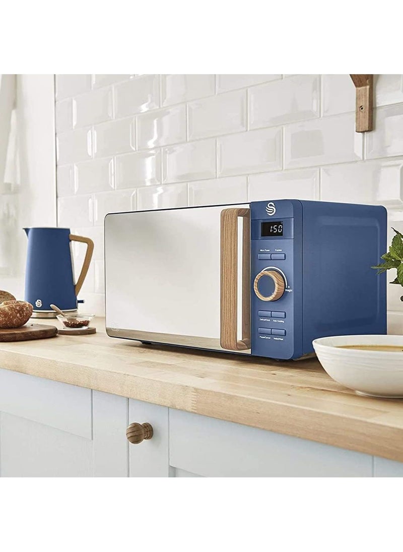 Swan 20L Nordic Digital LED Microwave, 6 Power Levels, Wood Effect Handle, Soft Touch Housing and Matte Finish, 800W, Blue, SM22036LBLUN