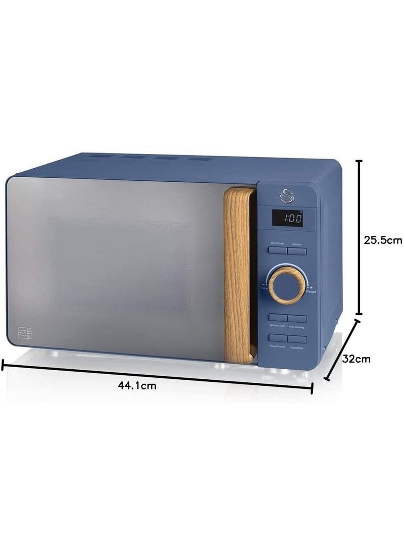 Swan 20L Nordic Digital LED Microwave, 6 Power Levels, Wood Effect Handle, Soft Touch Housing and Matte Finish, 800W, Blue, SM22036LBLUN