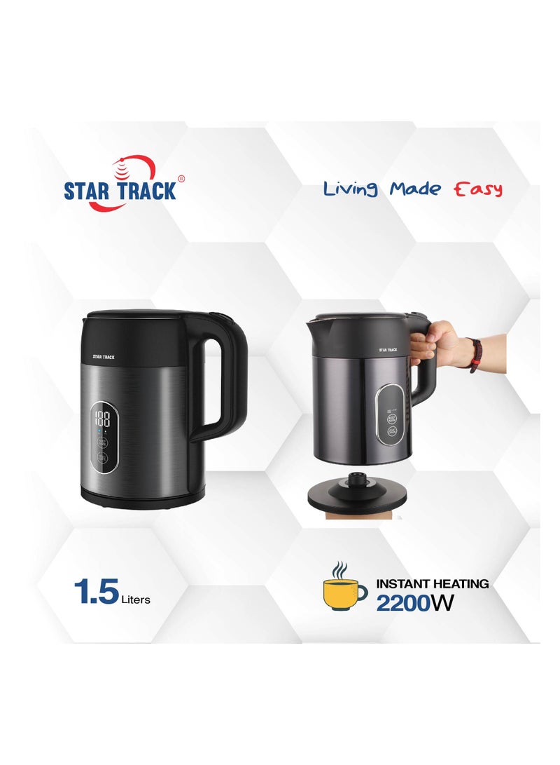 STAR TRACK 1.5L Electric Kettle ST-15TMD-KS2200, 2200W, Instant Heating, Temperature Selection, Boil-Dry Protection, and SS Lid Cover
