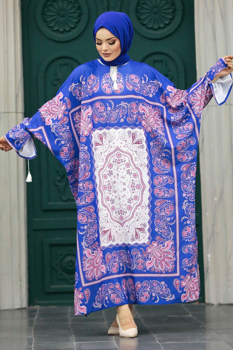 Ethnic Patterned Indigo Blue Hijab Tunic 20512IM