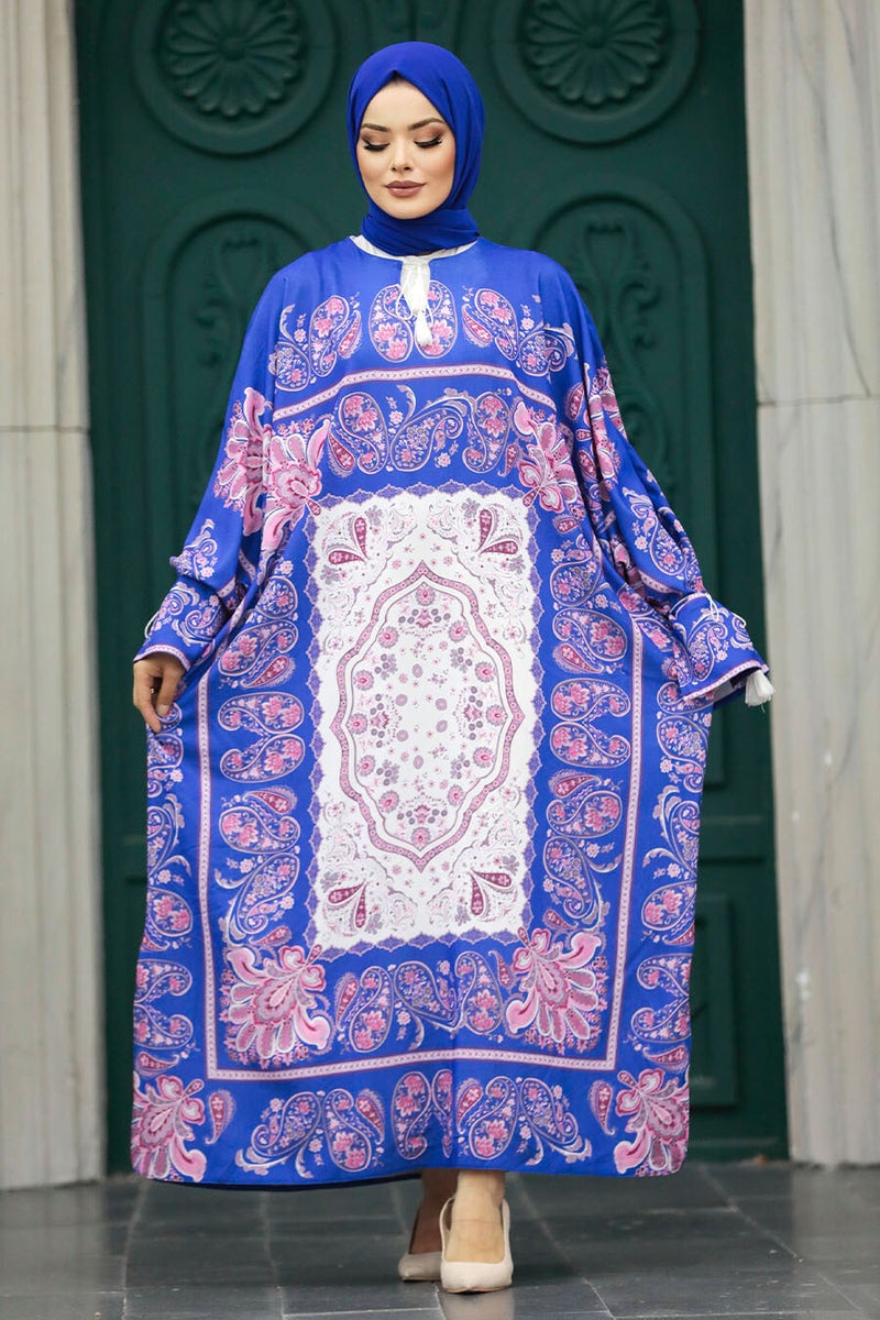 Ethnic Patterned Indigo Blue Hijab Tunic 20512IM