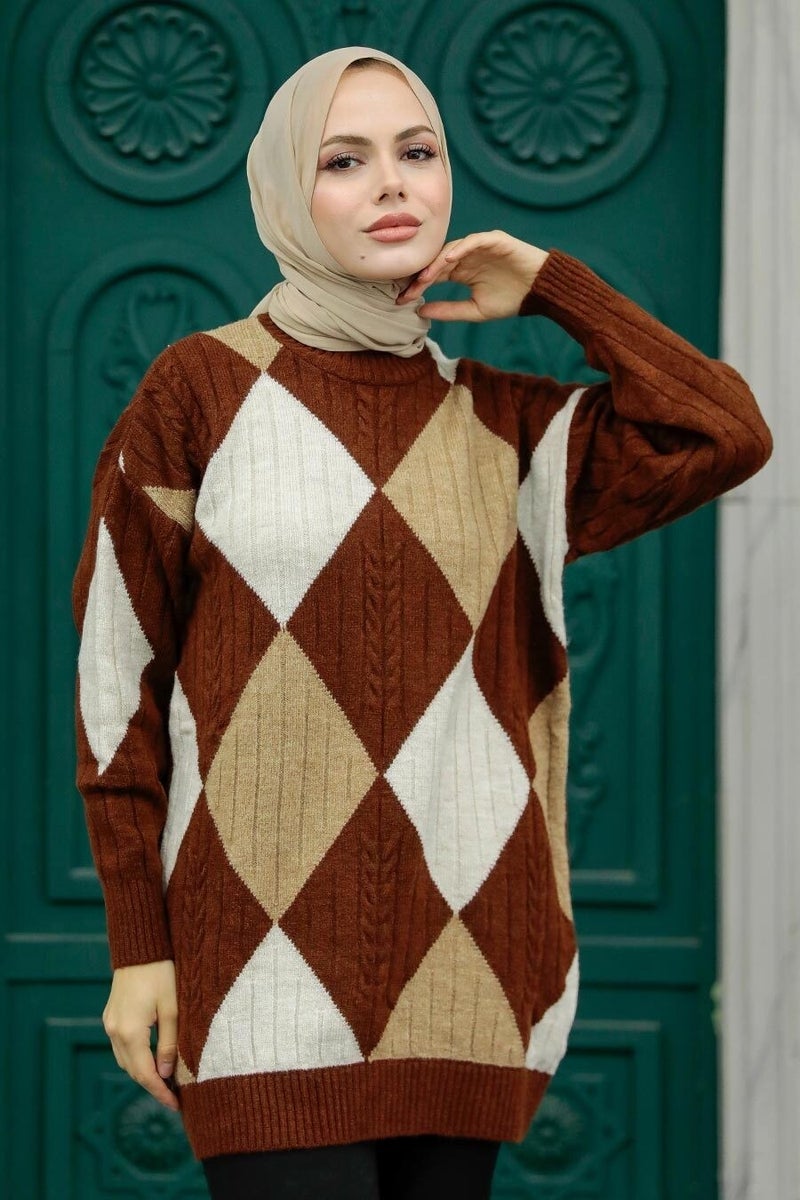 - Brown Patterned Hijab Knitwear Sweater 8228KH