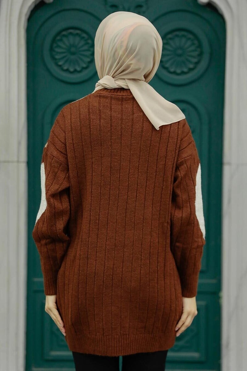 - Brown Patterned Hijab Knitwear Sweater 8228KH