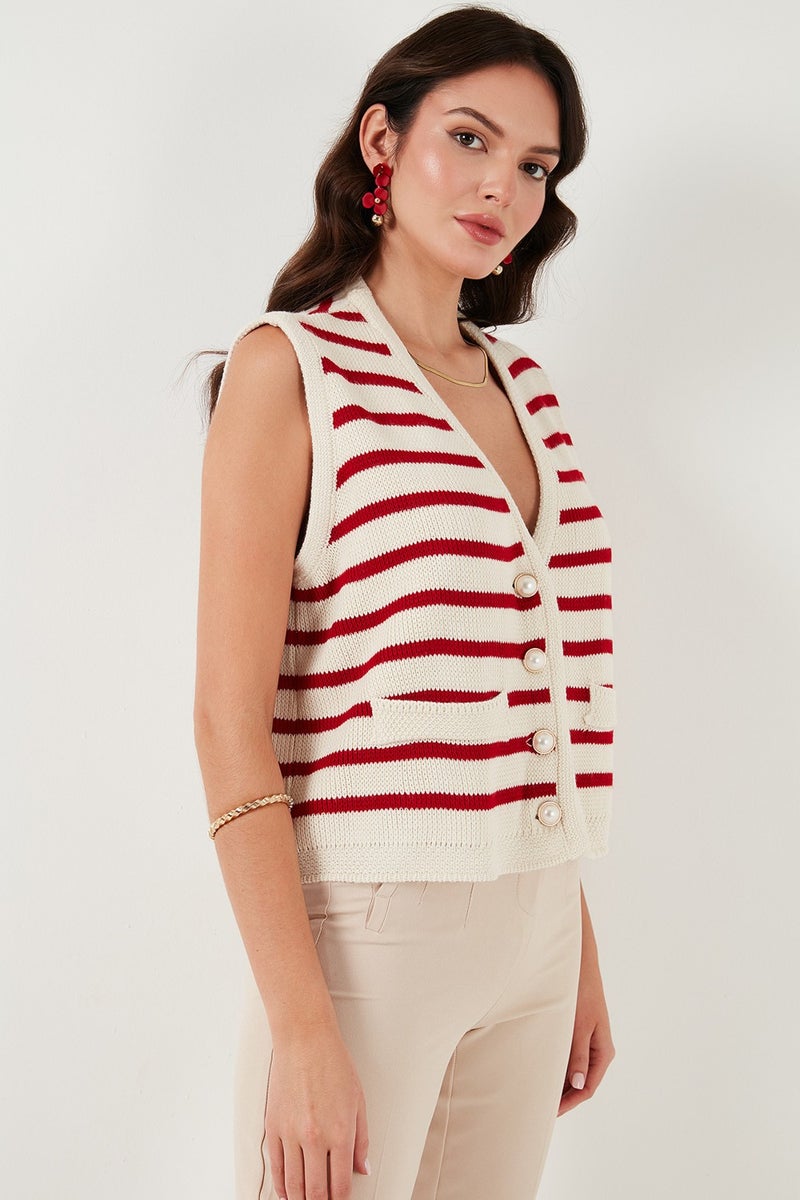 Striped Oversize Fit V Neck Buttoned Vest Women's Vest 4616175