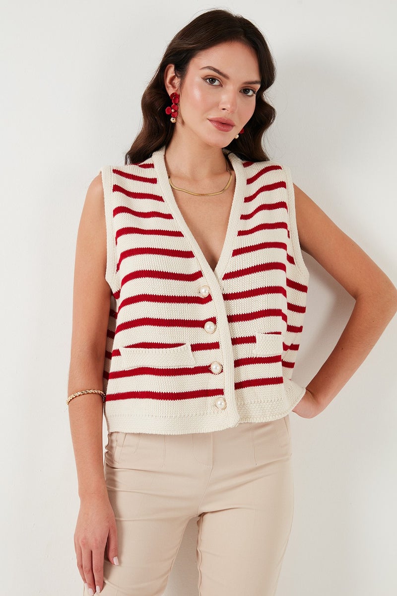 Striped Oversize Fit V Neck Buttoned Vest Women's Vest 4616175