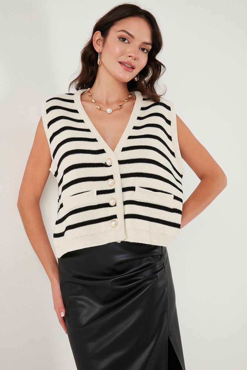 Striped Oversize Fit V Neck Buttoned Vest Women's Vest 4616175