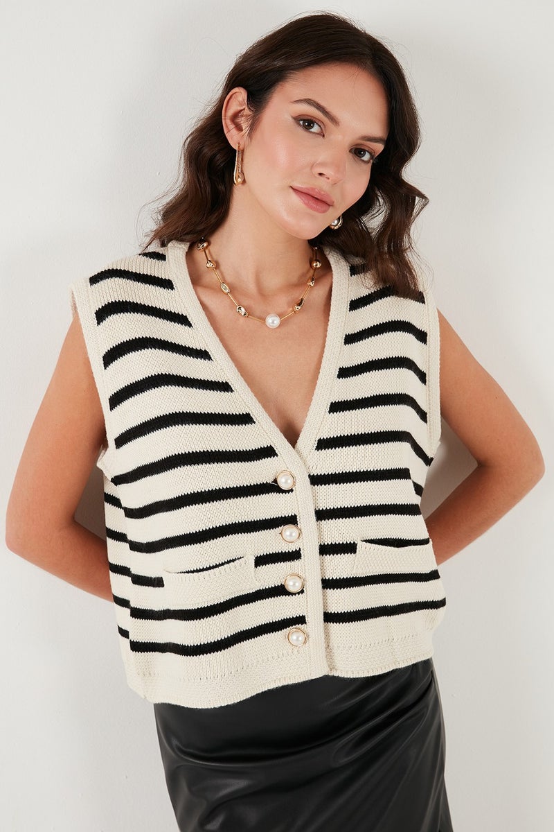 Striped Oversize Fit V Neck Buttoned Vest Women's Vest 4616175