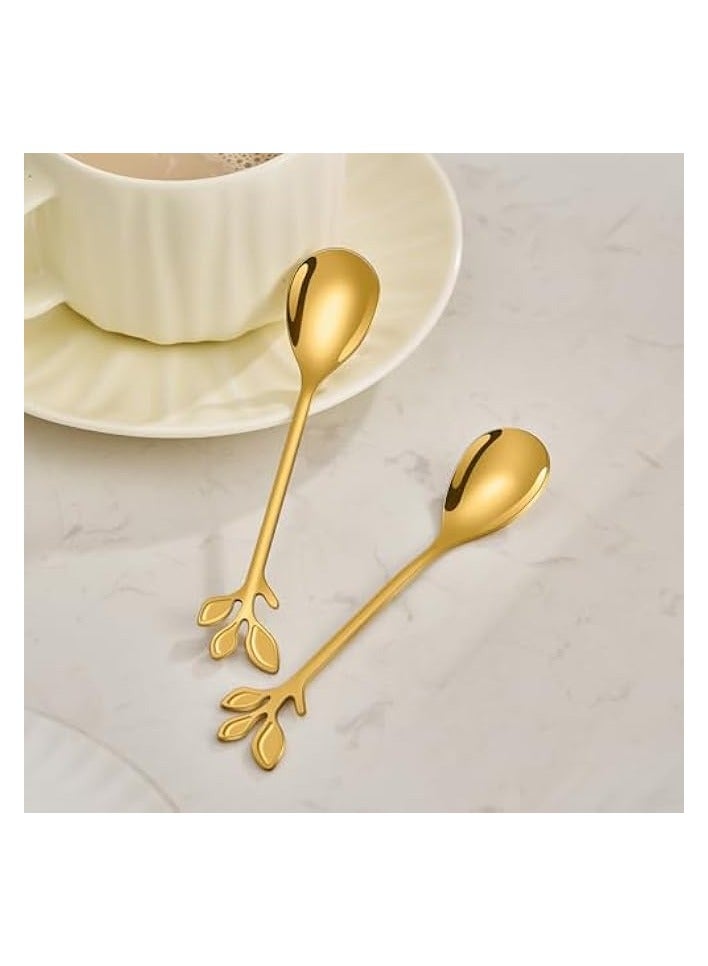 Stainless Steel Gold Leaf Coffee Spoon- 10 Pcs Creative Tableware Dessert Spoons, Stirring, Mixing, Sugar, Stir, Ice Cream, Cake