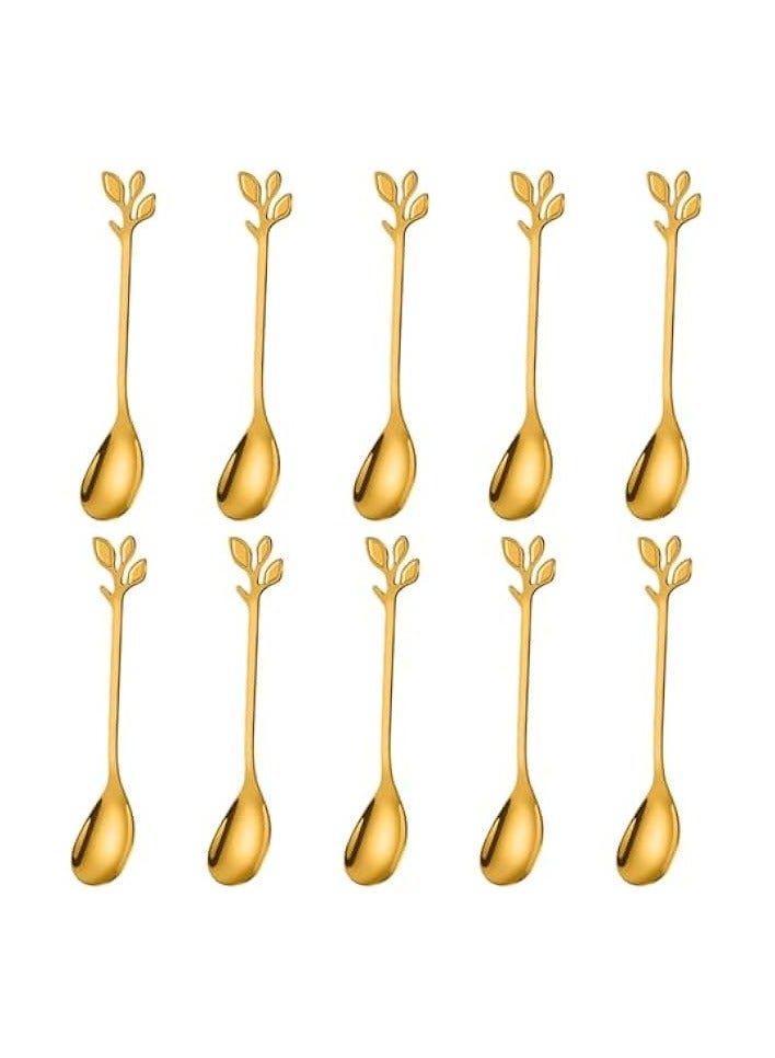 Stainless Steel Gold Leaf Coffee Spoon- 10 Pcs Creative Tableware Dessert Spoons, Stirring, Mixing, Sugar, Stir, Ice Cream, Cake