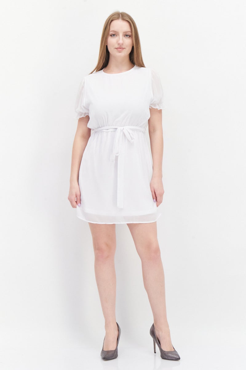 Women Plain Tie Waist Mini Dress, White