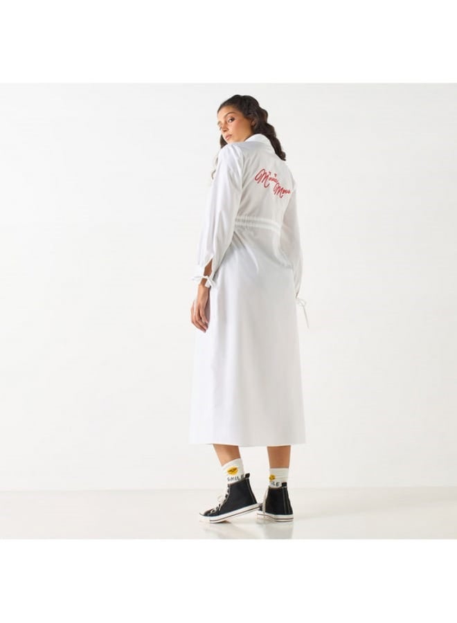 Minnie Mouse Embroidered Slit Detail Shirt Dress with Long Sleeves and Cinched Waist