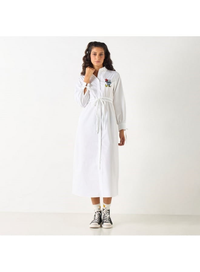 Minnie Mouse Embroidered Slit Detail Shirt Dress with Long Sleeves and Cinched Waist