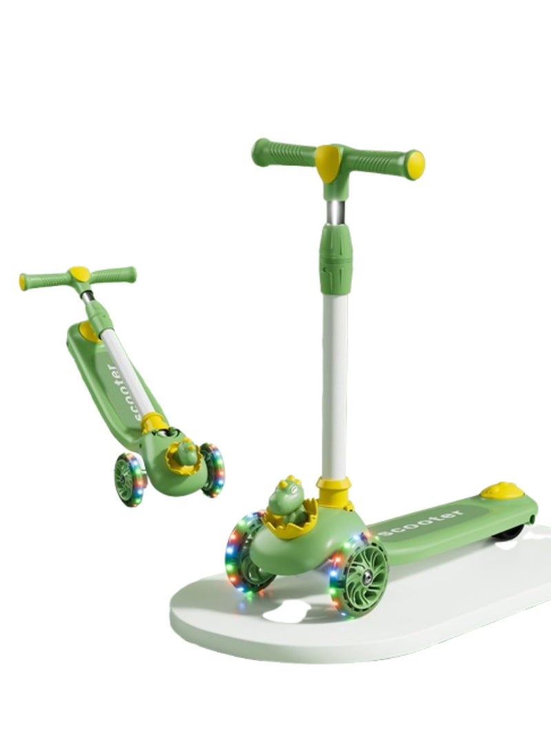 3 Wheel Scooter for Kids - Foldable & Unbreakable, 2-in-1 Kick Scooter with Music and Lights, Adjustable Height, Wide Deck, Flashing Wheel Light (Green)