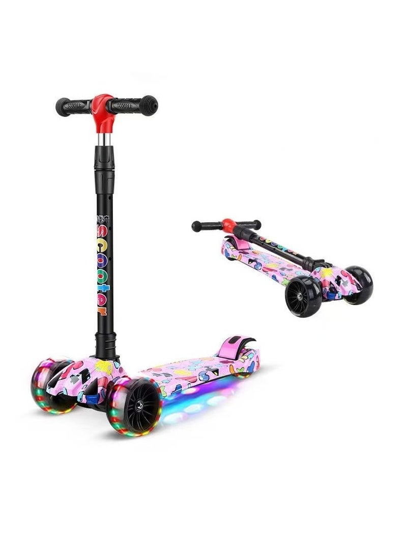 Foldable and adjustable children's scooter with graffiti pattern and music suitable for boys and girls (fashion princess)