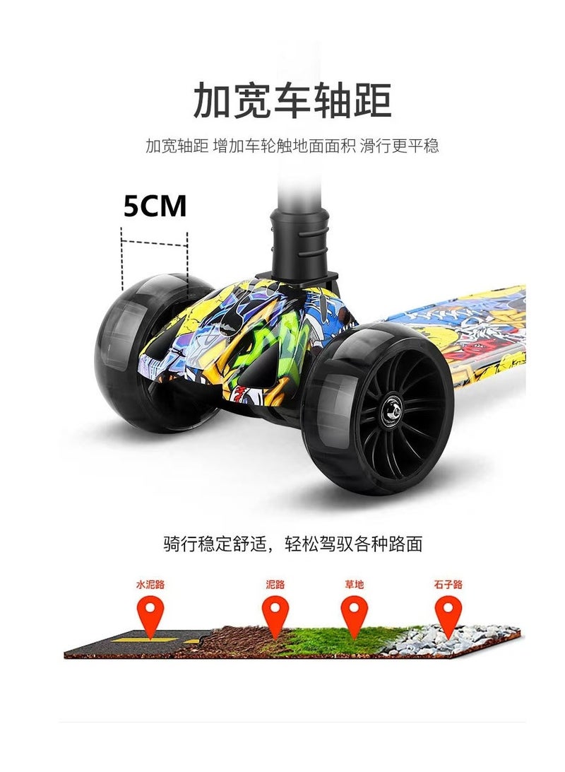 Foldable and adjustable children's scooter with graffiti pattern and music suitable for boys and girls (fashion princess)