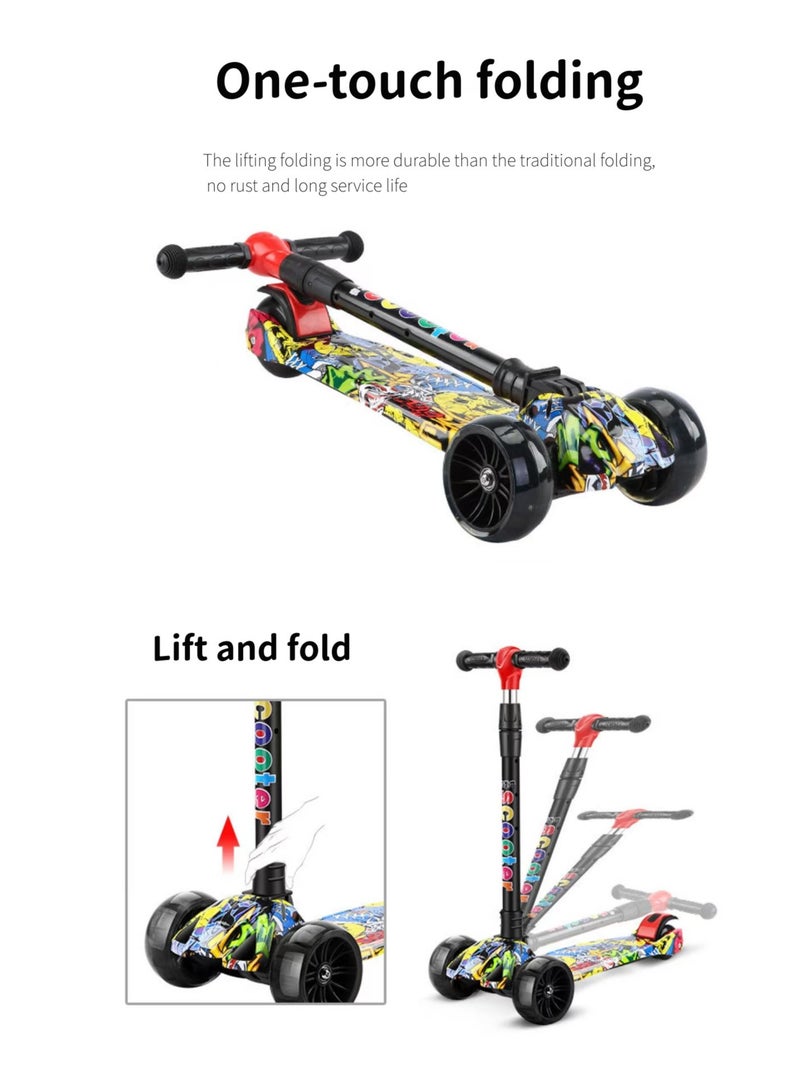 Foldable and adjustable children's scooter with graffiti pattern and music suitable for boys and girls (fashion princess)